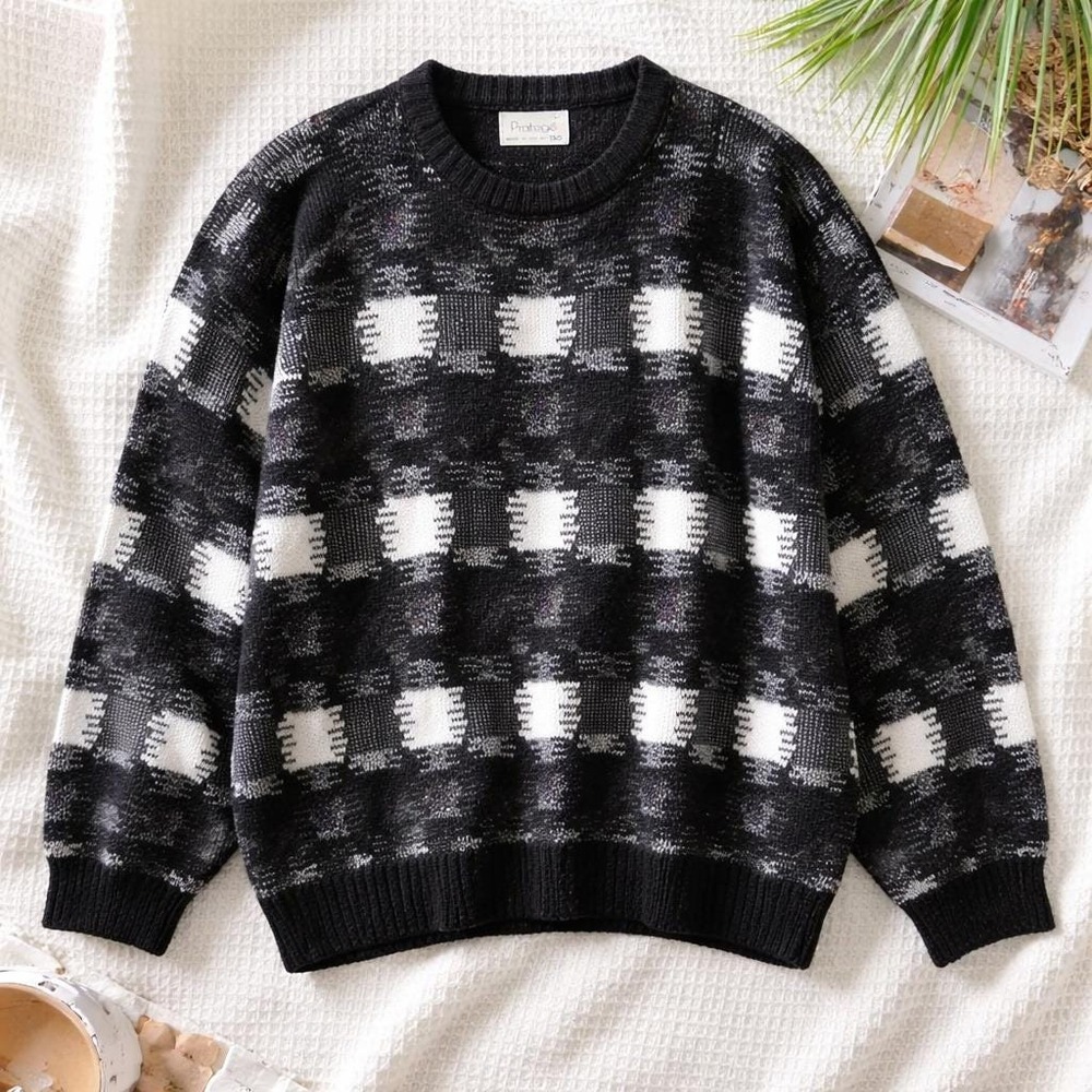 Vintage 80s Protege Mens L Geometric Block Knit Sweater Black White‎ Metal USA